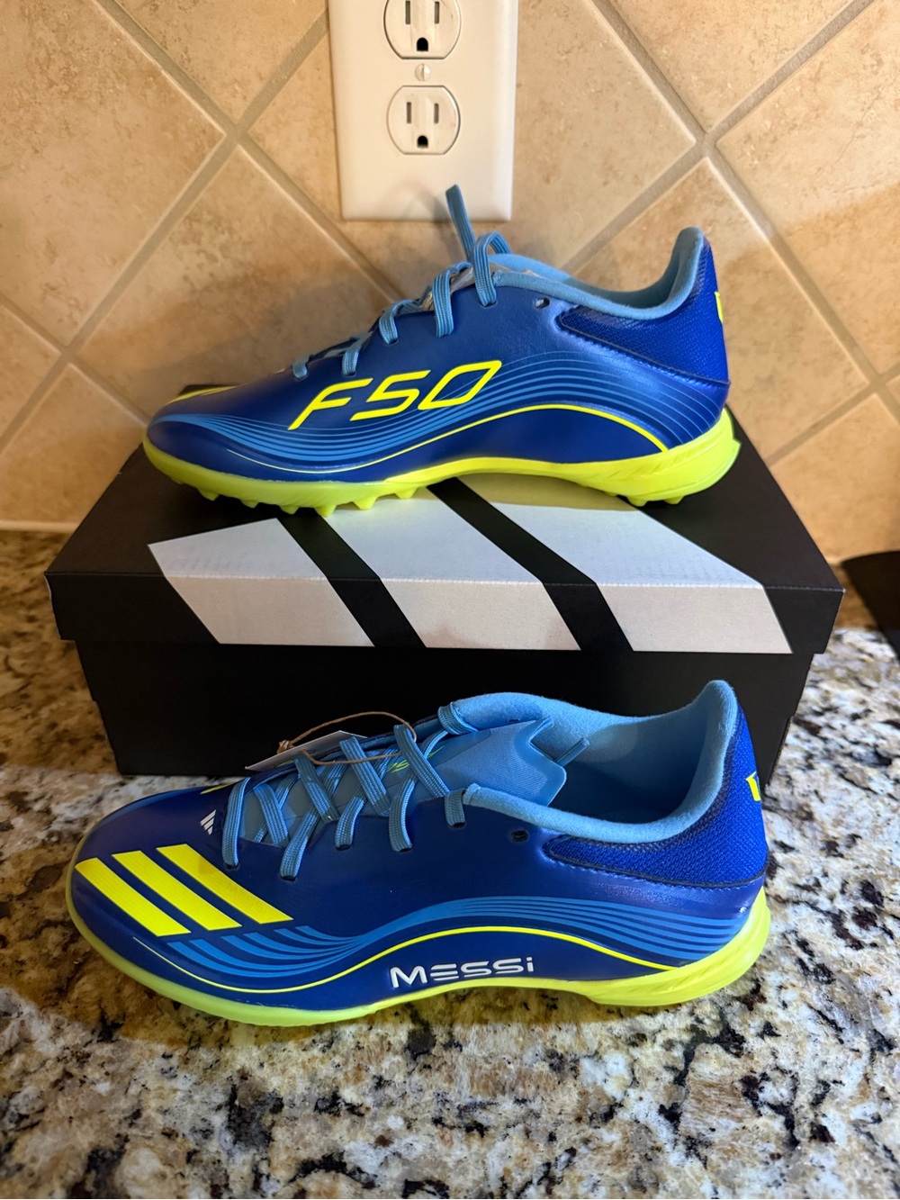 Adidas Kids' Messi F50 Blue & Neon Yellow Soccer turf Shoes